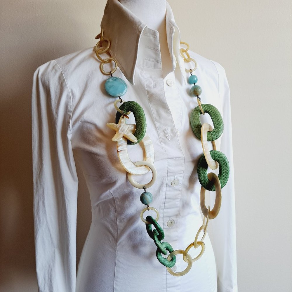 AMLE Italian Long Horn Green Chain Necklace with Python skin